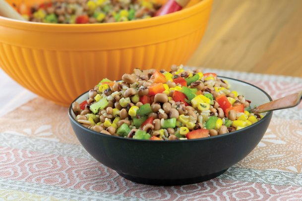 A black-eyed pea, corn and rice salad packed with vegetables makes for heart health.