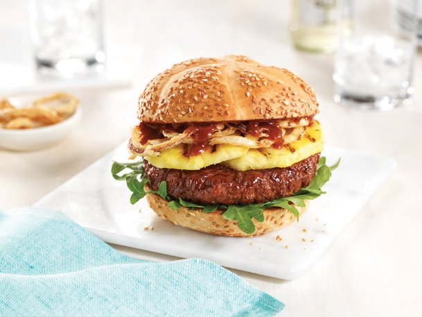Simple, flavorful ingredients go into this burger with grilled pineapple and honey garlic barbecue sauce.