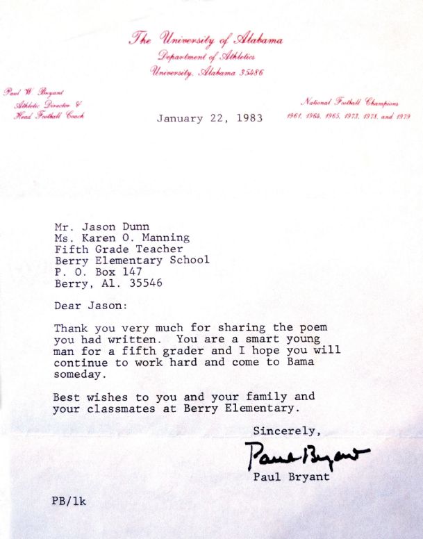 The Best/Worst day ever A letter from Bear Bryant a kid's rare